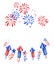 July Fourth banner with fireworks and salutes on white background. Festive independence day illustration ,white, red and blue