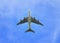 Jumbo Jet aeroplane directly in the sky above