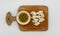 Jumbo lump of Fresh crab meat aside Seafood sauce with green chilli on wooden cutting board isolated on white