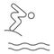 Jump diving thin line icon, sport and water, diver sign, vector graphics, a linear pattern on a white background.