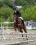 Jump of the horse through the barrier with the rider during the competition