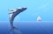 Jump humpback big huge whale near small boat ship yacht. Hidden ocean power.