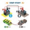 Jump start vector illustration. Empty vehicle battery help process steps.