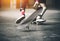 Jump of a teenager in pink socks and sneakers on a skateboard