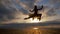 Jumping ballerina in beige dress and pointe on embankment above ocean or sea beach at sunrise.Beautiful blonde woman