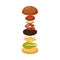Jumping burger layers between halves of bun, flat vector illustration isolated.
