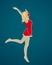 Jumping dancing blonde girl in medical face mask, small red dress on blue background, Vector continuous one line drawing Christmas