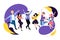 Jumping and dancing happy people. Vector flat illustration. Friends have a party. Young men and women cartoon characters