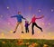 Jumping family with boy on autumnal meadow collage
