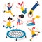 Jumping fun children. A group of active friends jumping and bouncing on a trampoline. People jump vector illustration