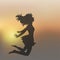 Jumping girl cartoon, sunset, seaside