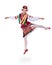 Jumping girl in polish national traditional costume, full length portrait against isolated white background