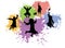 Jumping graduates student in mantles and academic square caps, silhouettes of background of colorful blots. Vector illustration