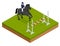 Jumping horse and rider practicing at racetrack. Isometric vector illustration Champion. Horse-racing. Hippodrome