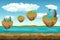 Jumping islands game pattern, the river bottom and cloudy sky on top. Unending background