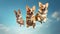 Jumping Joy 3 Cute Pembroke Welsh Corgi Dogs Catching Treats in Vibrant Isolation. Generative AI