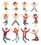 Jumping kids. Excited childrens jump, happy jumped teenagers and smiling child jumps cartoon vector illustration set