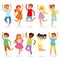 Jumping kids vector yong child character in jump activity in childhood illustration set of playful children and laughing