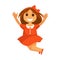 Jumping little girl with smile in red dress solated