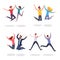 Jumping people flat vector illustrations set. Smiling students, colleagues, couple, friends leaping in excitement