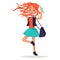 Jumping Redhead Girl Student with Bag Illustration