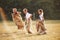 Jumping sack race outdoors in the field. Kids have fun at sunny daytime