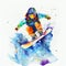 Jumping snowboarder. Watercolor illustration of a kid on a snowboard. Snowboarding