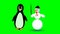 Jumping snowman and cute walking penguin, two cute cartoon characters on green screen,