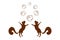 Jumping squirrels silhouettes and circle of hazelnuts on top. Logo of two squirrels with six nuts in brown color.