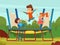 Jumping trampoline kids. Active children games on playground vector cartoon background