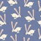 Jumping white rabbits with long ears. Running hare on a blue background. Cute bunny character seamless pattern.