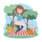Jumping woman on blanket basket food picnic nature