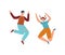 Jumping young man and woman in casual clothes. Happy couple with joyful expressions celebrating. Joy and energy