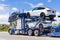 Jun 6, 2020 / CA / USA - Car transporter carries new Tesla Model Y on the upper level and Tesla Model 3 on the lower level