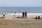 June 2018, Families children playing sandy beach sea, Kamakura, Japan