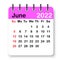 June 2022 calendar leaf. Pink spiral page icon. Summer time. Business organizing. Vector illustration. Stock image.