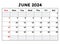June 2024 calendar. Vector illustration. Monthly planning for your business