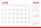 June 2024 Calendar. Week start on Sunday. Desk calendar 2024 design, simple and clean design, Wall calendar for print, digital