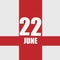 june 22. 22th day of month, calendar date.White numbers and text on red intersecting stripes. Concept of day of year