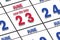 june 23rd. Day 23 of month, Date marked Save the Date  on a calendar. summer month, day of the year concept