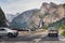 June 27, 2019 Yosemite National Park / CA / USA - Tourists gathered at the Tunnel View vista point; Bridalveil Fall and Half Dome