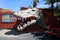 June 6 2021 - CABAZON, CALIFORNIA USA: A t-rex statue with open mouth and teeth at the Cabazon Dinosaurs museum, a roadside