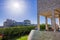 June 8, 2018 Los Angeles / CA / USA - Landscape at modern Getty Center; medieval looking colonnade and walls covered in travertine