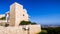 June 8, 2018 Los Angeles / CA / USA - Medieval looking building covered in travertine rock at the Getty Center designed by