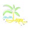 June, flat illustration on white background. Vacation by sea, palm tree, beach.