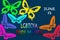 June is LGBT pride month. Greeting text and rainbow-colored butterflies on a blue background