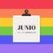 June Pride Month. Spanish. Junio Mes del Orgullo. Rainbow striped background. LGBTQ movement. Concept of equality, diversity, love
