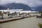 Juneau, AK / United States - Sept 14, 2012: A landscape view of a line of seaplanes docked near the the Juneau Ice field