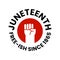 Juneteenth Freedom Day. Free-ish since 1865. Clenched fist in air. June 19 Jubilee, Liberationand and Emancipation Day