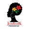 Juneteenth Freedom Day quote with afro woman and colorful flowers isolated on white background. Vector flat illustration.